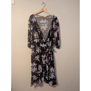 Kiyonna Womens Floral Wrap Midi Dress Size 4X Black‎ 3/4 Sleeve V Neck Pocket